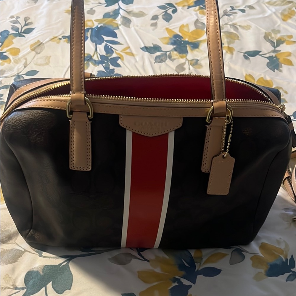 Coach Red and White Striped Bag with Tan Accents